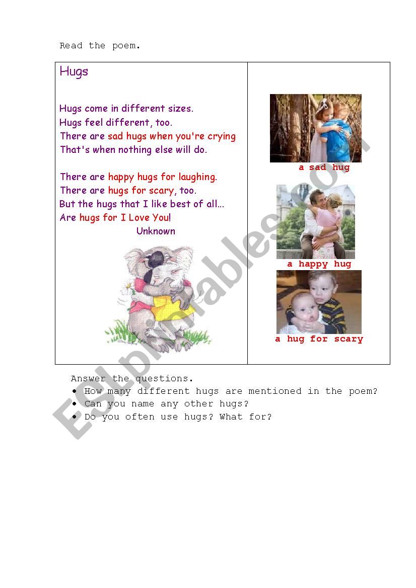 HUGS (a poem + questions) worksheet