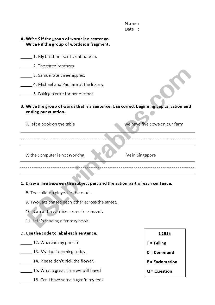 GRAMMAR TEST - SENTENCES worksheet