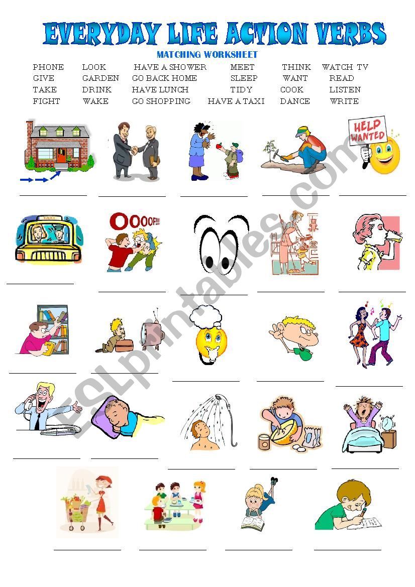 Action Verbs matching text worksheet