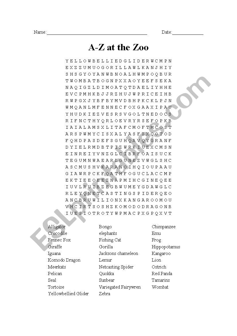 A-Z at the Zoo Wordsearch worksheet