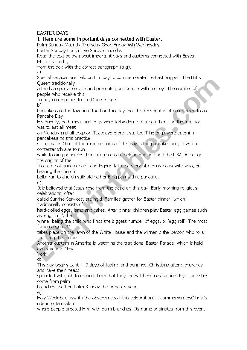 Easter Days worksheet