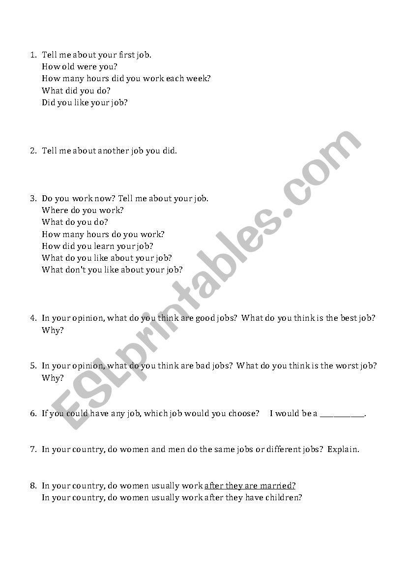 Pair Interview about Jobs  worksheet