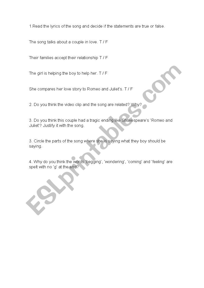 Love Story Taylor Swift Esl Worksheet By Mftonchisf