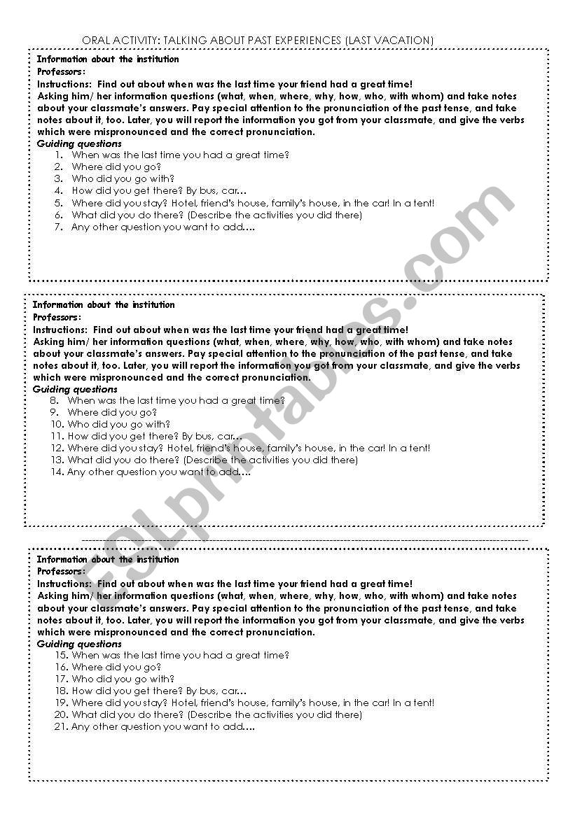 COMMUNICATIVE ACTIVITY FOR PRACTICING THE PAST TENSE