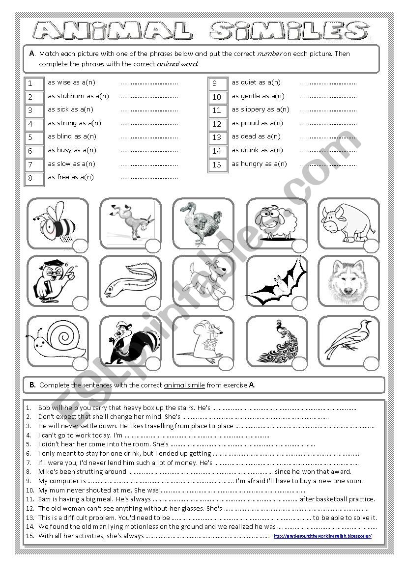 Animal Similes - ESL worksheet by serene Animal Similes - ESL worksheet by serene