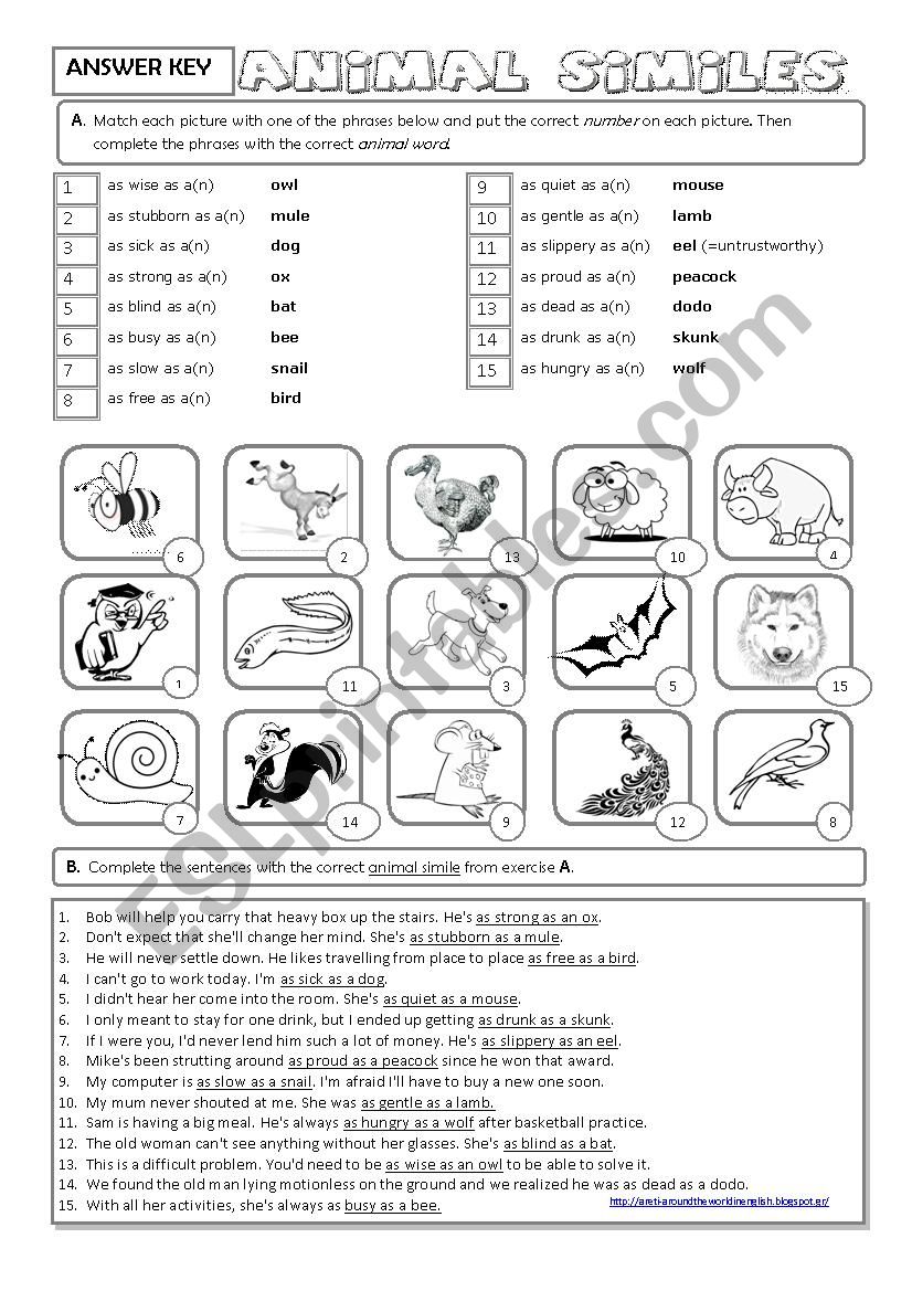 Animal Similes - ESL worksheet by serene Animal Similes - ESL worksheet by serene