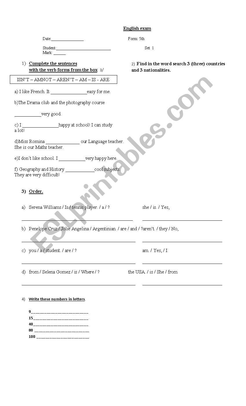 verb to be exam worksheet