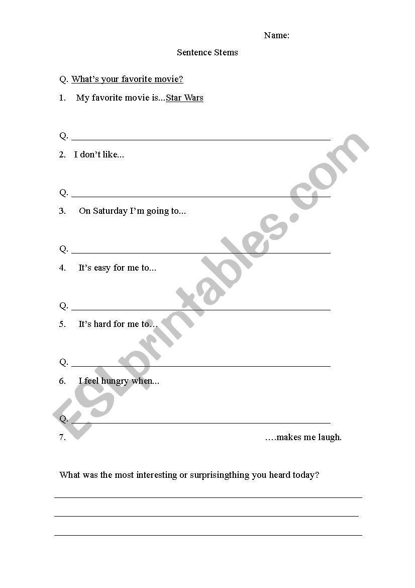 Sentence Stems worksheet