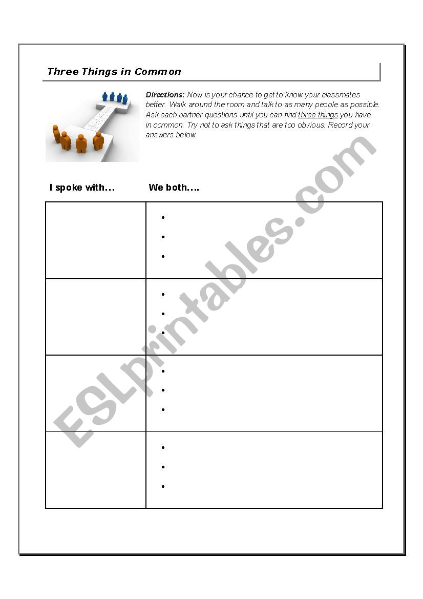 Three Things in Common  worksheet