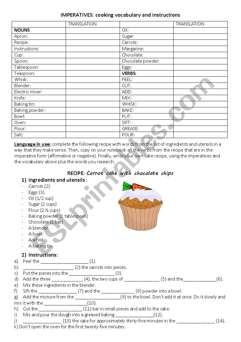Cake recipe and imperatives worksheet