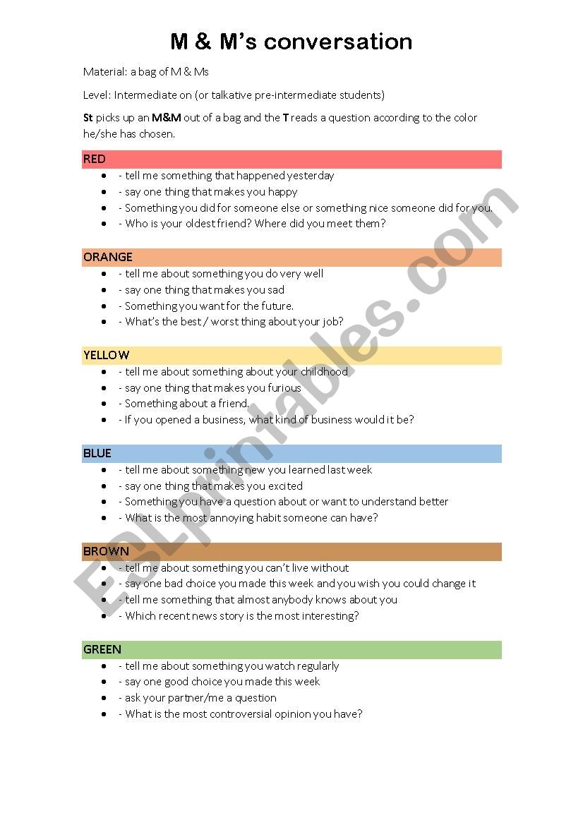 M & Ms conversation challenge worksheet