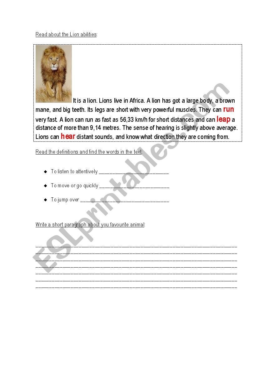 Animals. The Lion worksheet