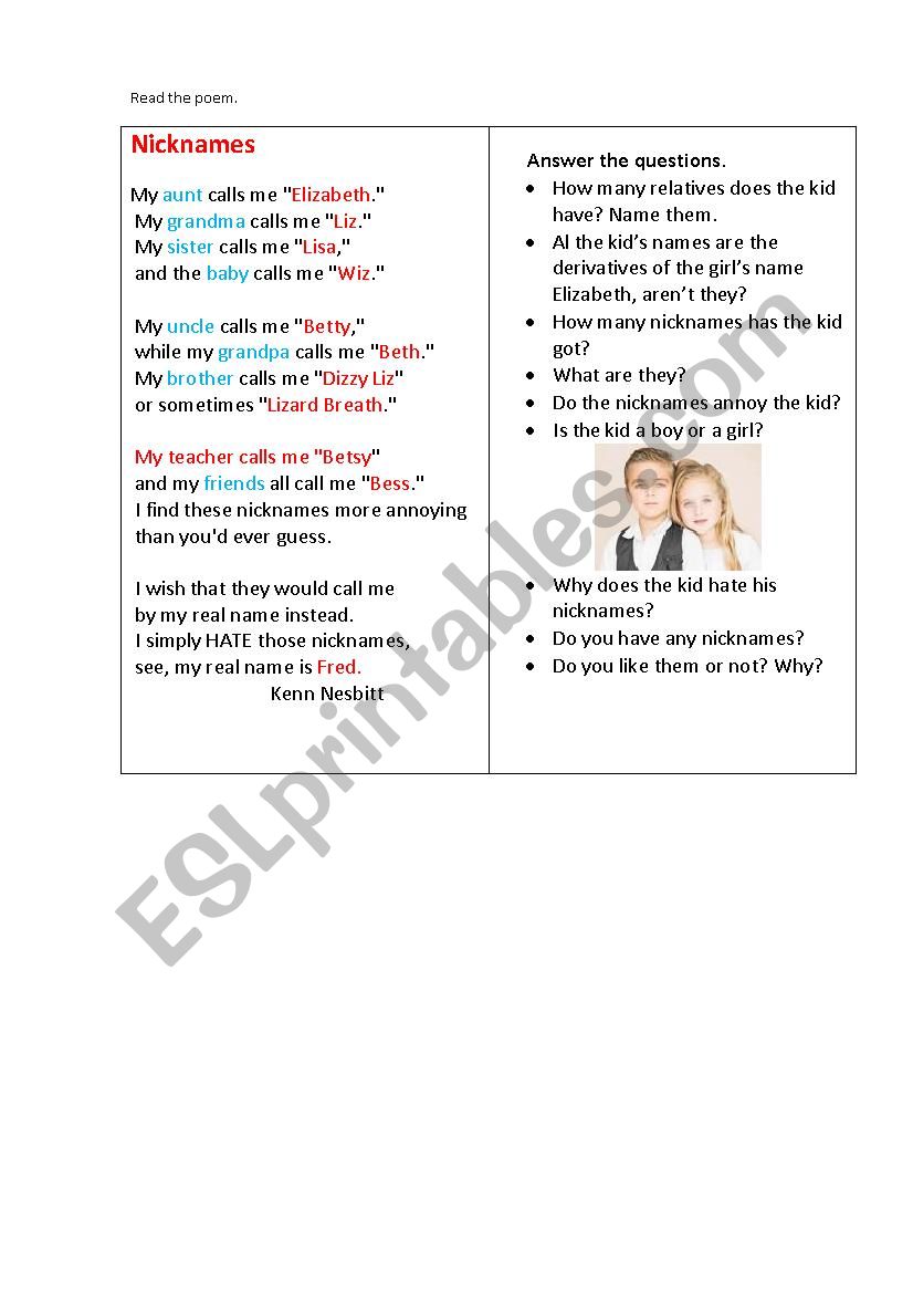 NICKNAMES (a poem+ questions) worksheet