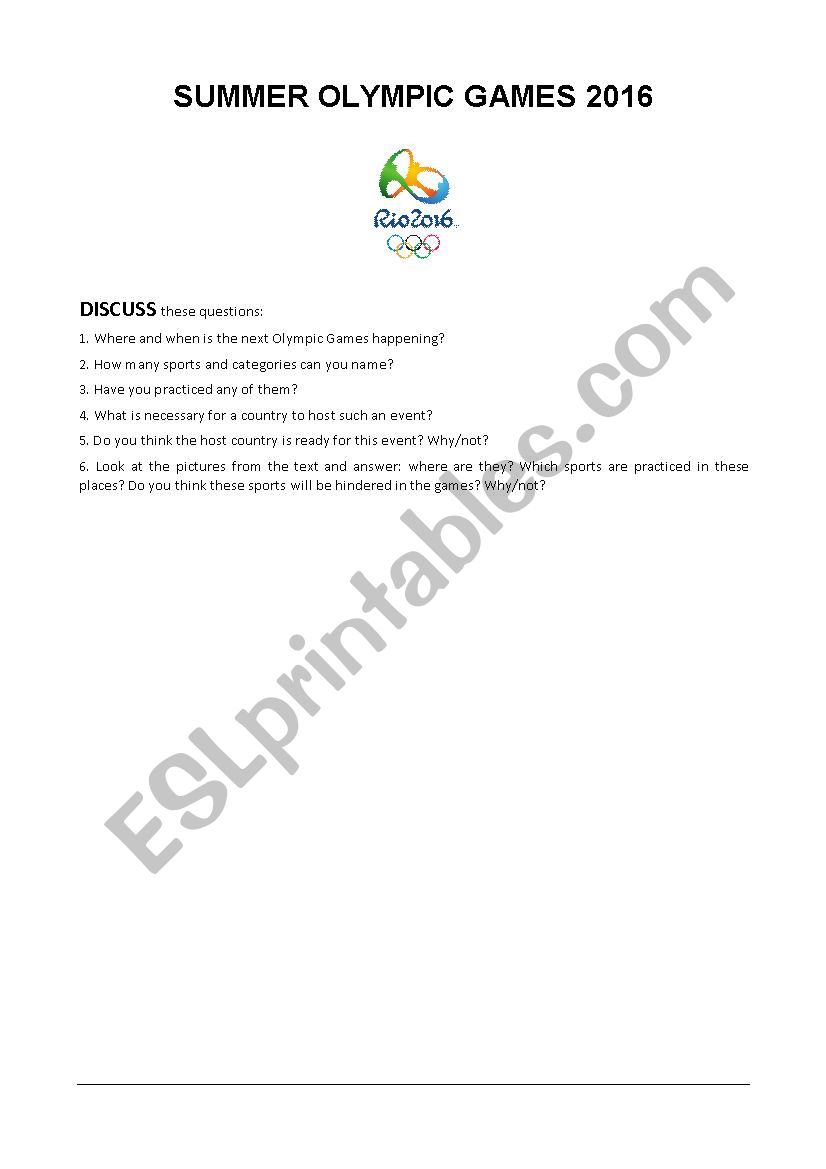 Rio Summer Olympic Games 2016 worksheet