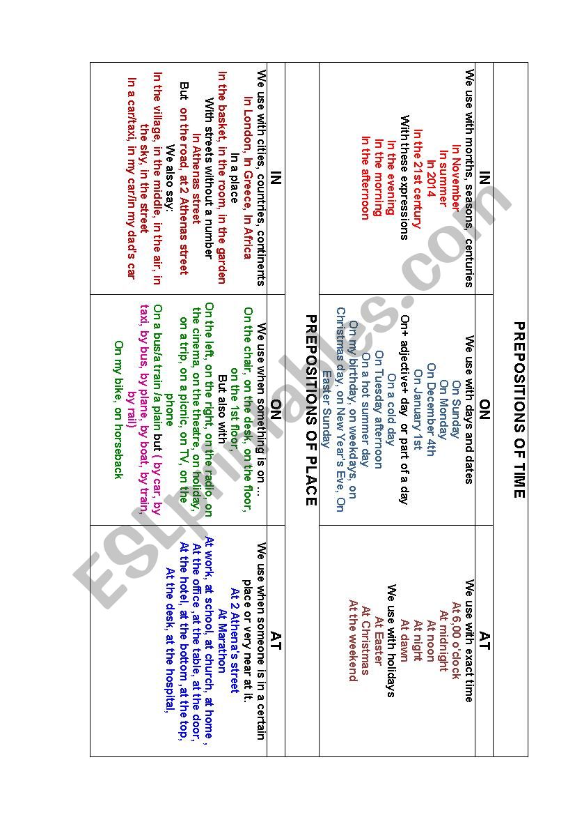  The main prepositions of time and place