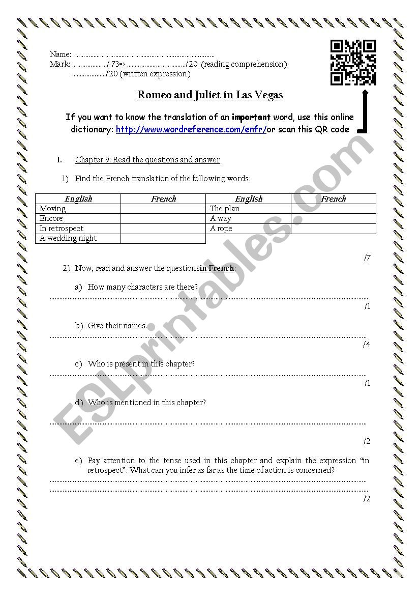 Romeo and Juliet in Las Vegas reading worksheet #6 (chapter 9 and 10)