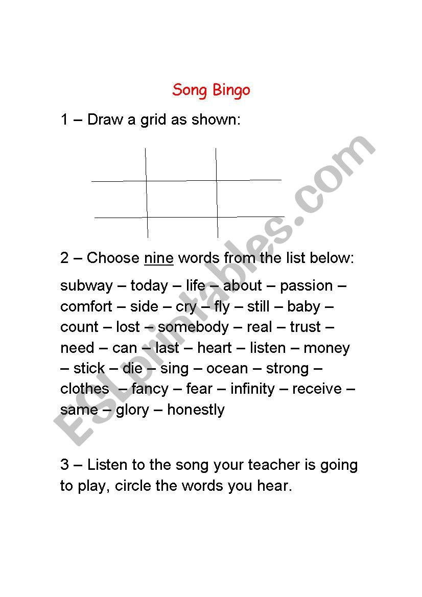 Song Bingo - locked Away worksheet