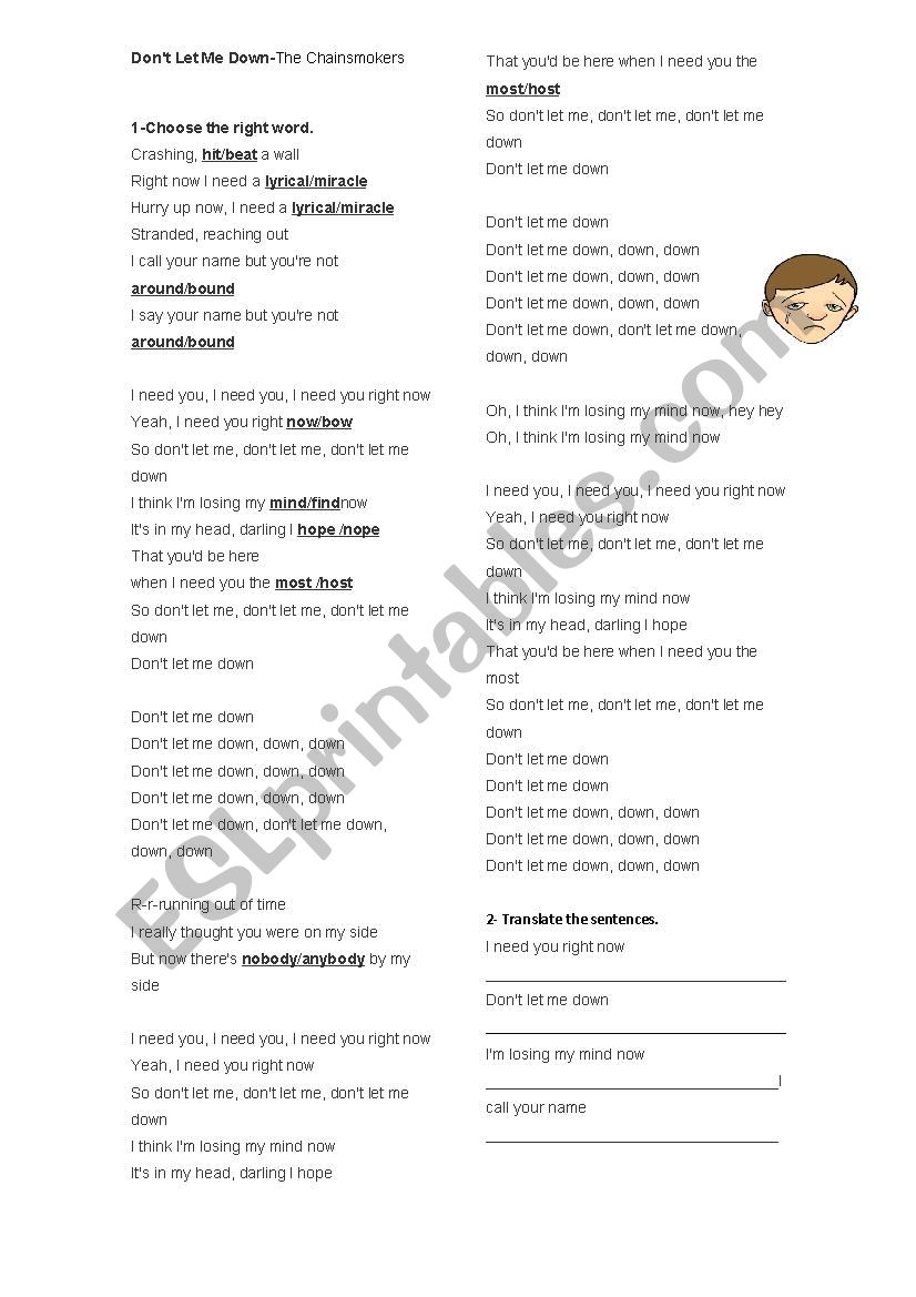 Don T Let Me Down The Chainsmokers Esl Worksheet By Mary Butterfly