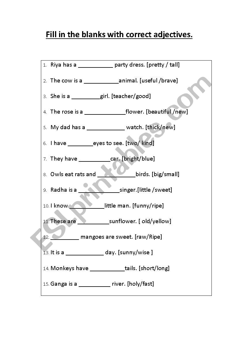 worksheet for adjectives worksheet
