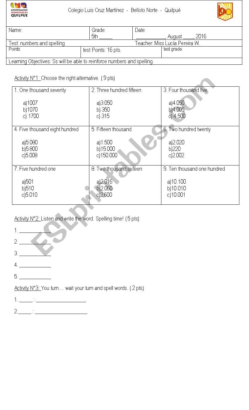 numbers and speling worksheet