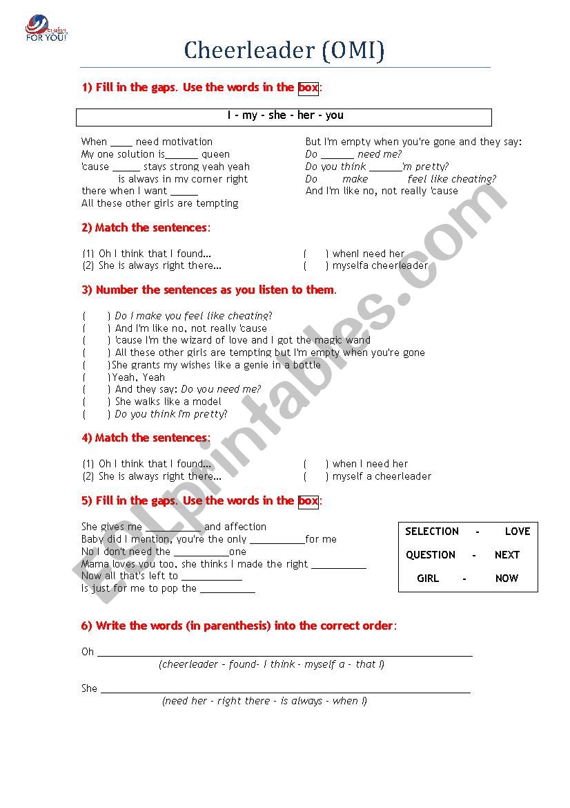 Cheerleader worksheet