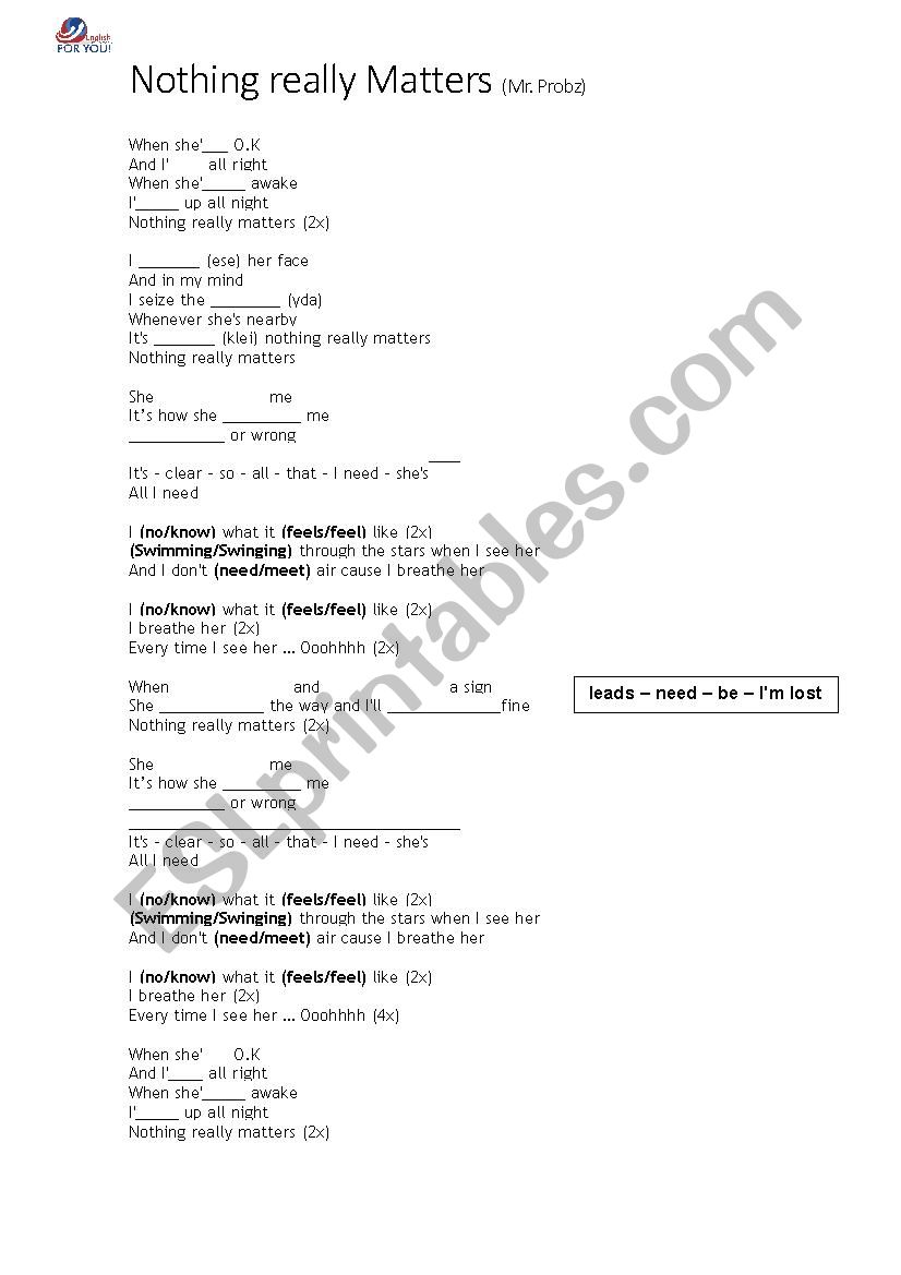 Nothing really matters worksheet