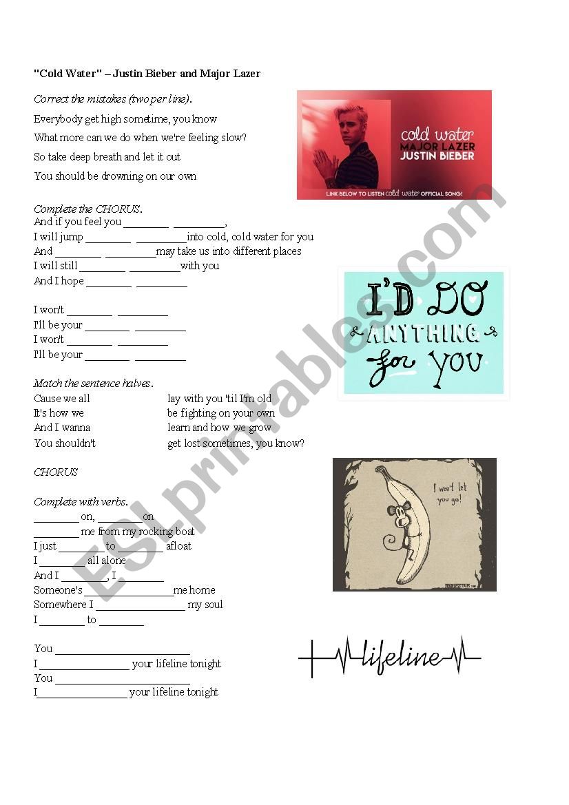 Song Justin Bieber Cold Water worksheet