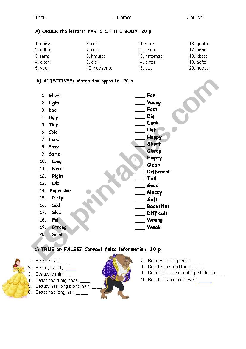 Test: parts of the body- adjetives- opposites- personal info