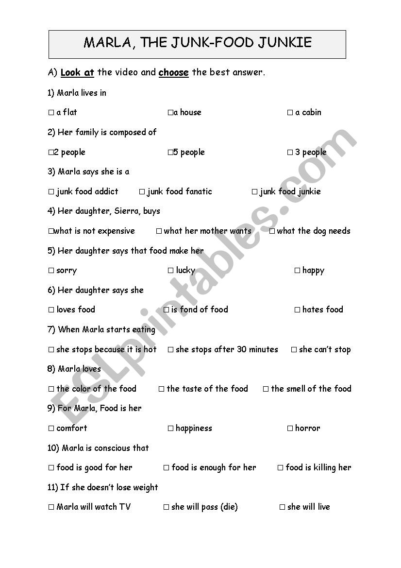 Marla the junk food junkie worksheet