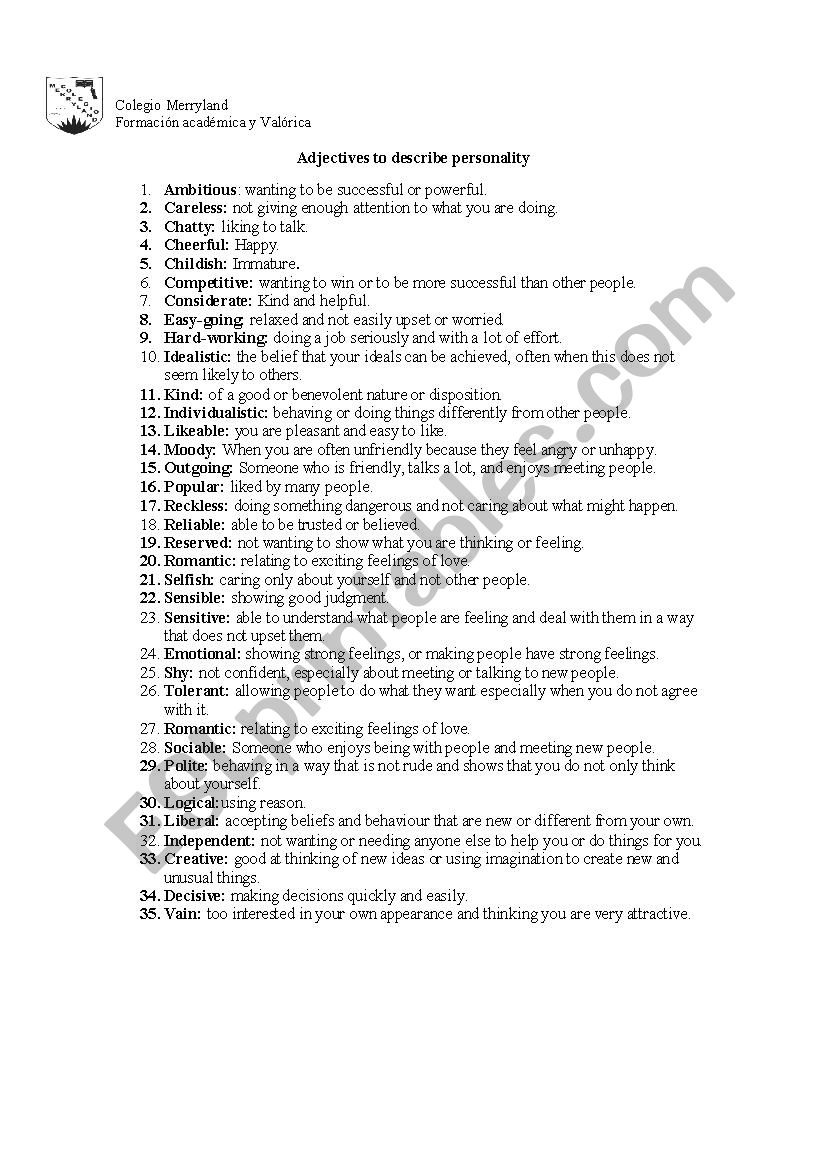 Adjectives to describe personality (definitions in English)
