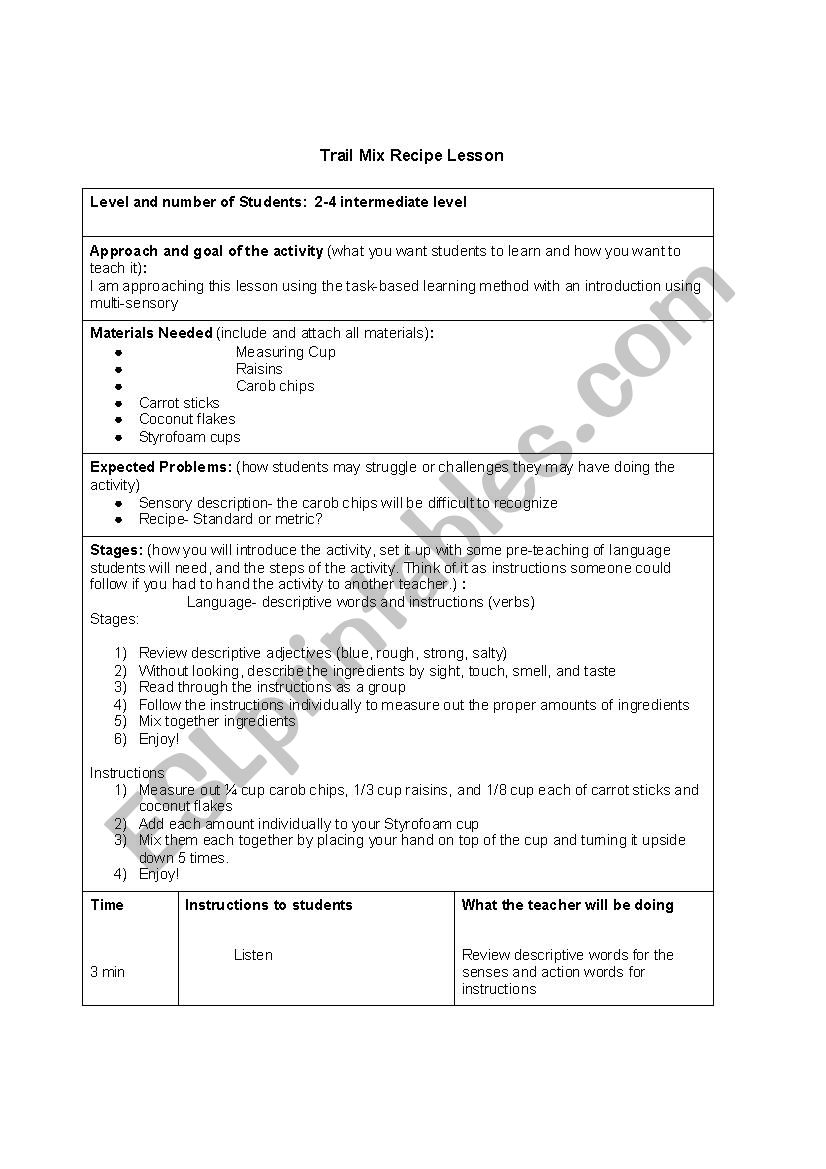 Trail Mix lesson plan worksheet