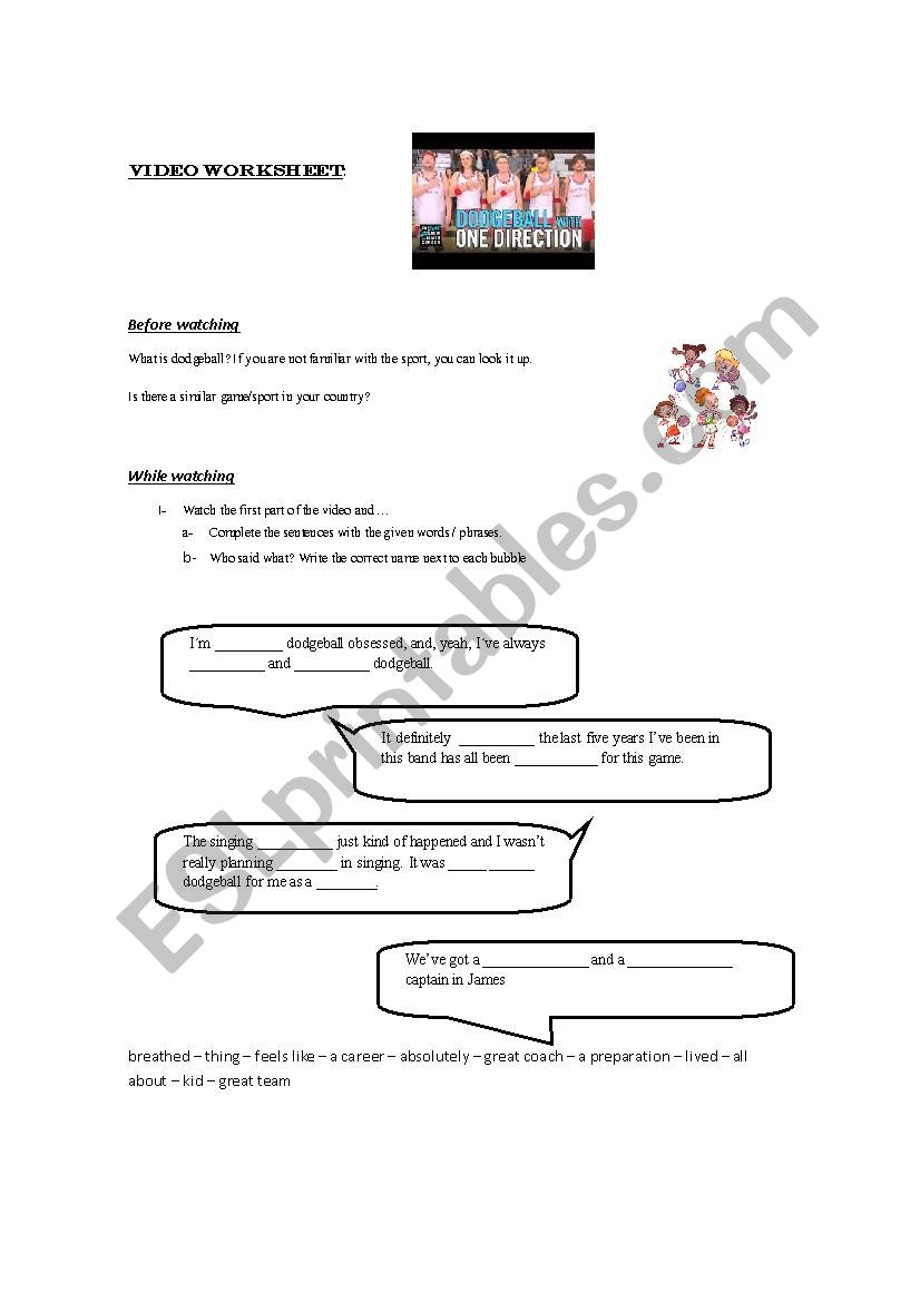 One direction plays dodgeball worksheet