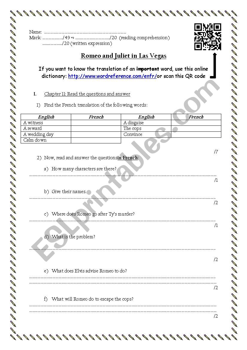 Romeo and Juliet in Las Vegas reading worksheet #7 (chapter 11 and 12)