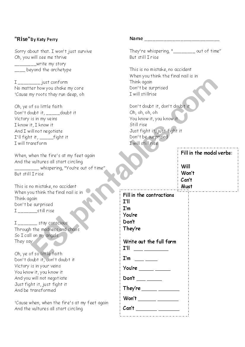 Rise by Katy Perry Worksheet worksheet