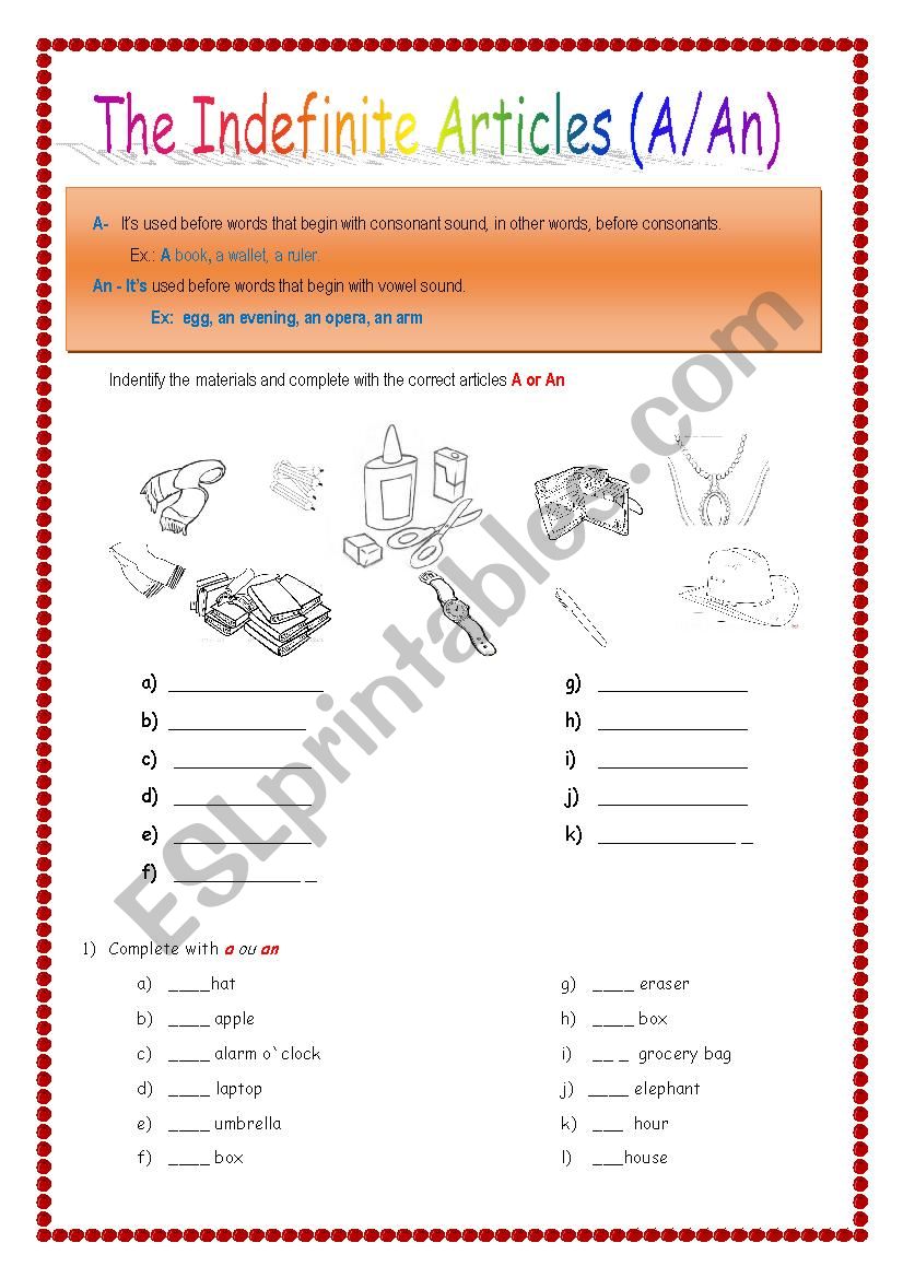 Indefinite Articles  worksheet