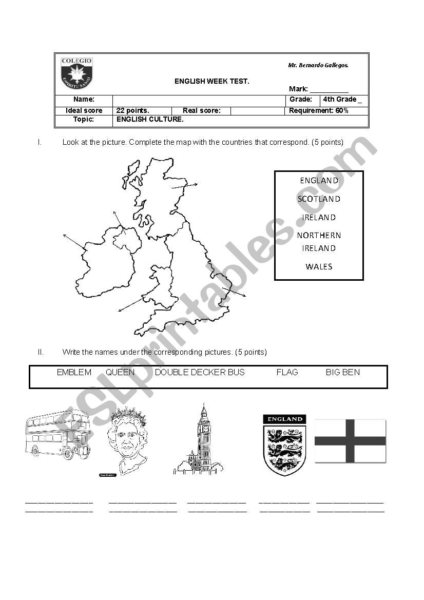 British Culture test worksheet