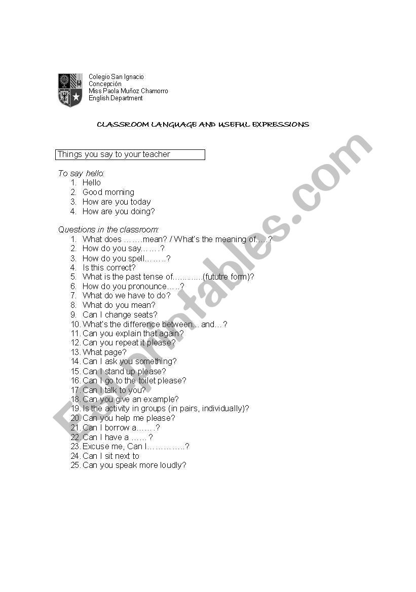 Classroom Language worksheet
