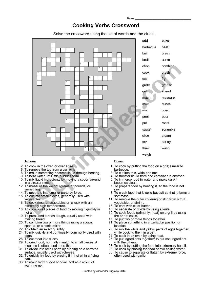 Cooking Verbs Crossword worksheet