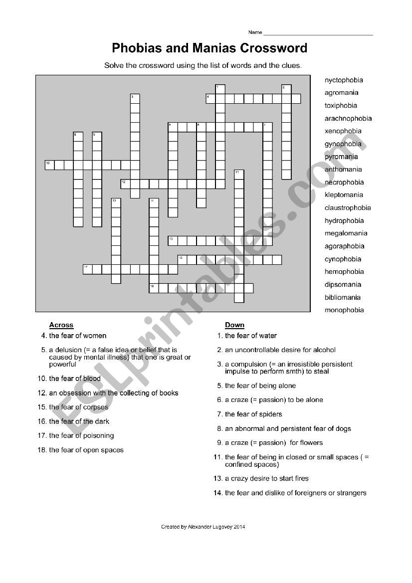 Phobias and Manias Crossword worksheet