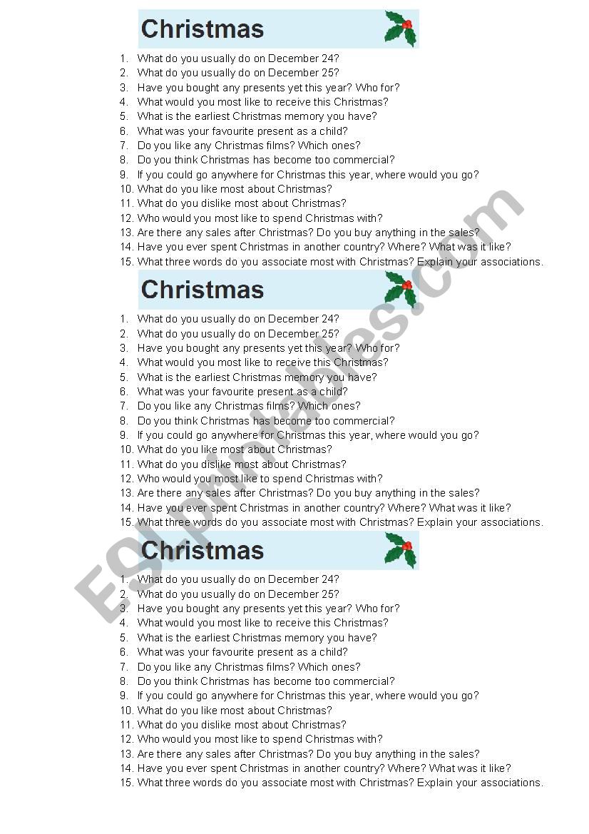 Christmas Speaking questions worksheet