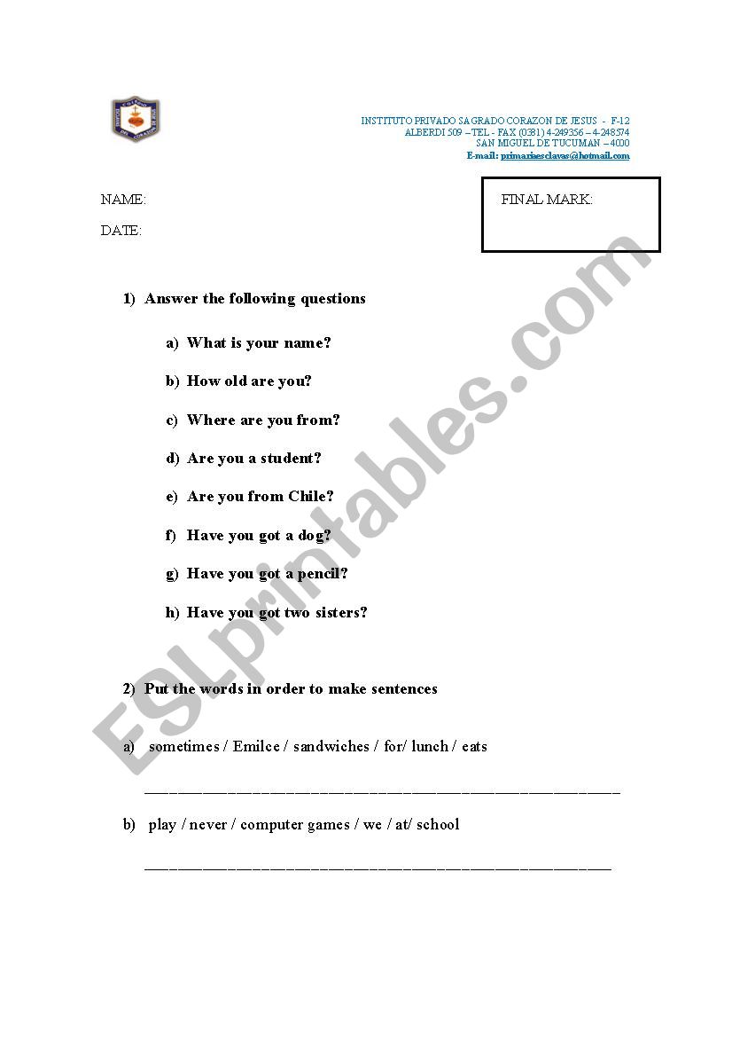 test worksheet