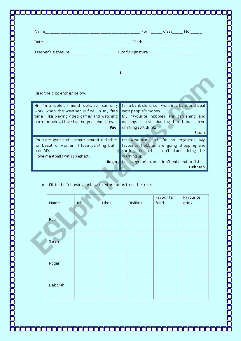 Jobs and Hobbies worksheet