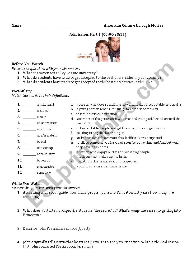 Admission Movie worksheet