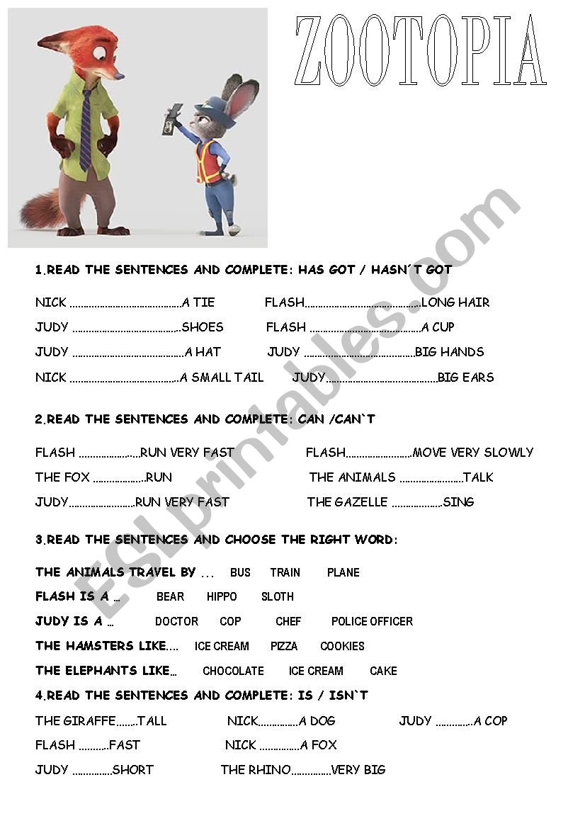 zootopia worksheet