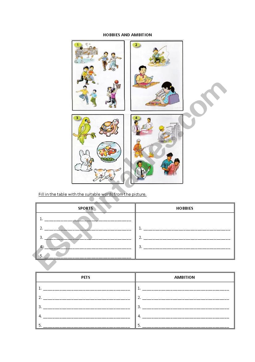 Hobbies and Ambition worksheet