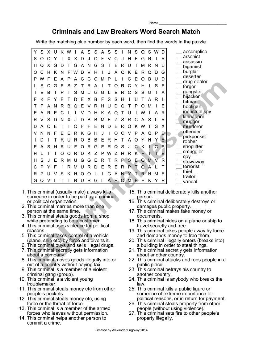 Word Search on Criminals and Law Breakers