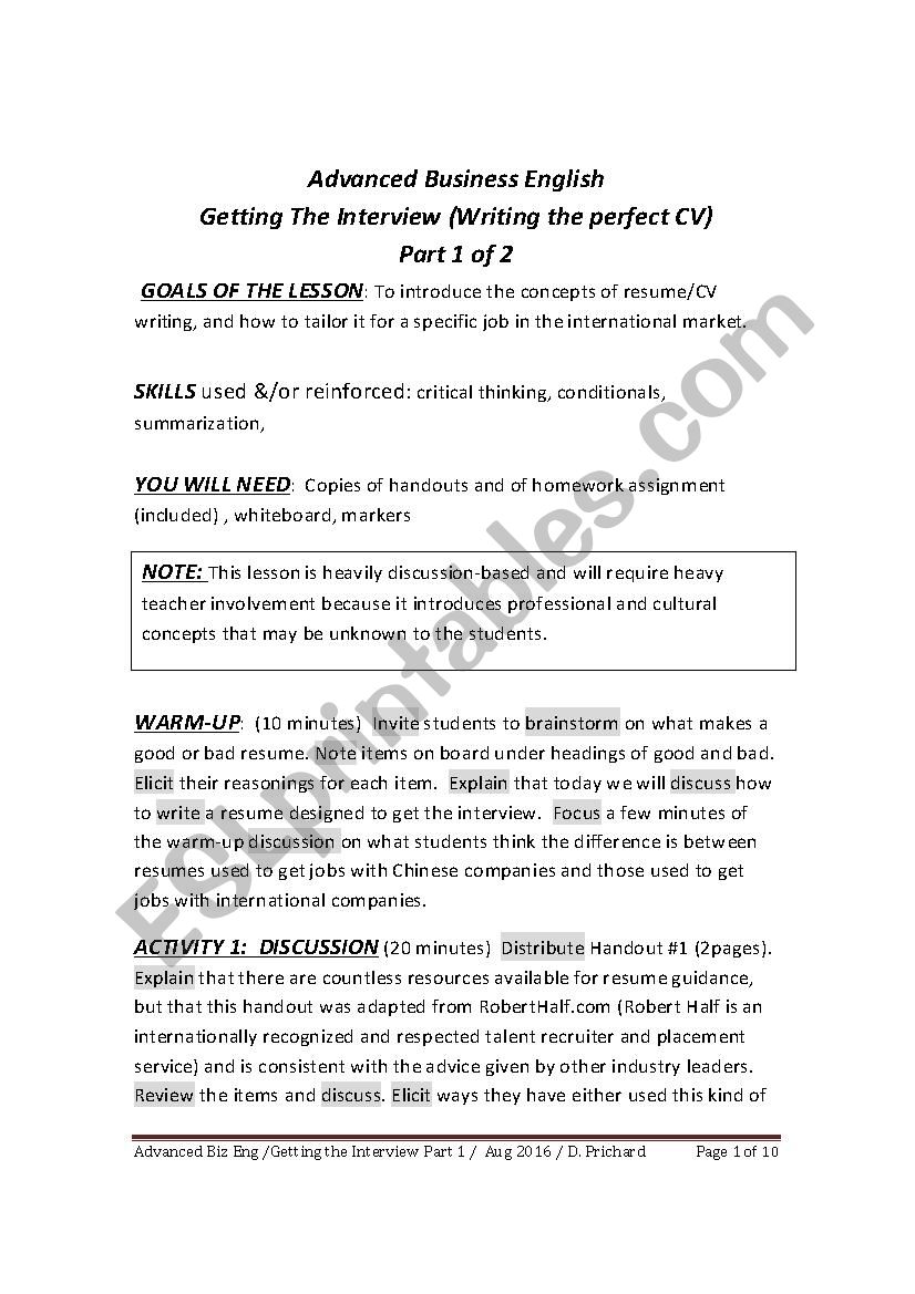 ADVANCED BUSINESS ENGLISH - GETTING THE INTERVIEW  - PART 1 OF 2 (RESUME WRITING)