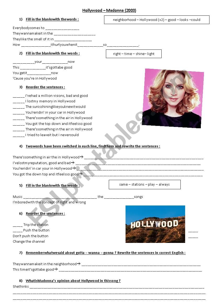 Holly wood Madonna worksheet