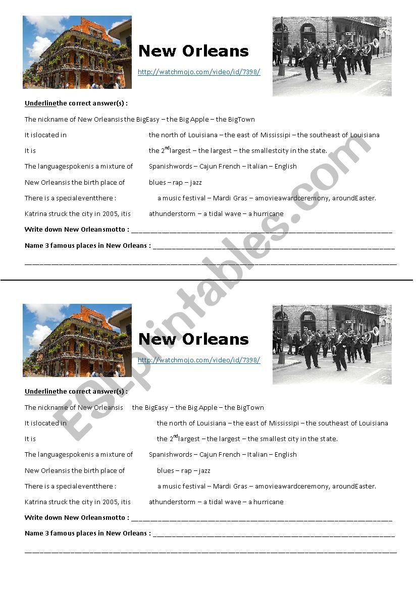 New Orleans worksheet