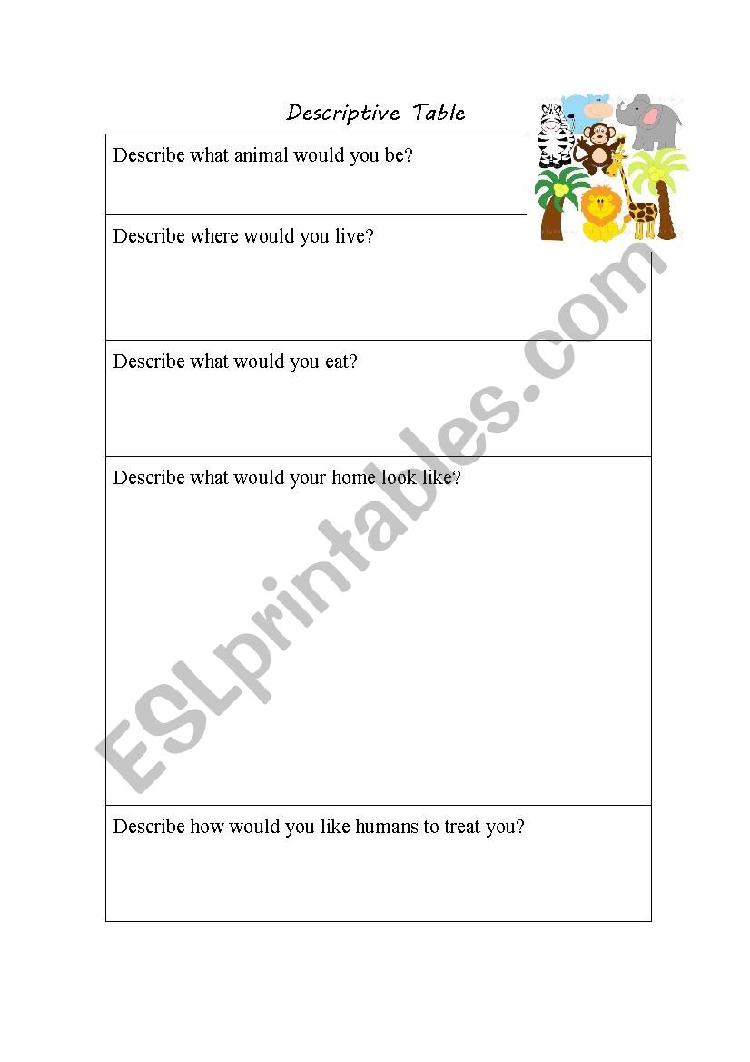 Descriptive animal table worksheet